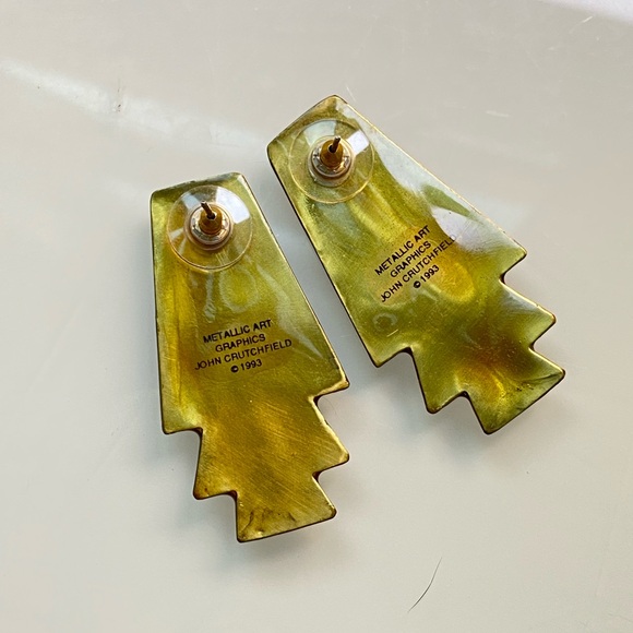 90's Vintage John Crutchfield Geometric Metallic Art Graphic Black&Gold Earrings - Picture 3 of 5